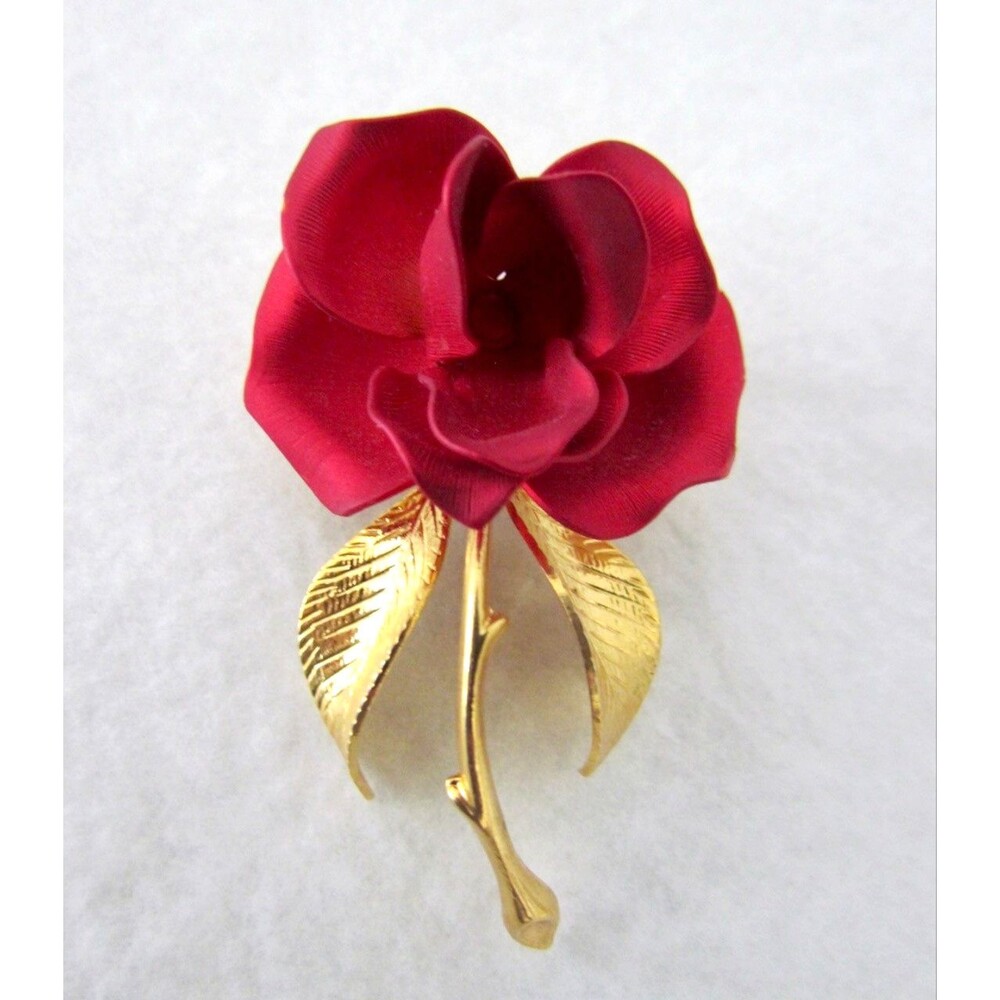 Cerrito Vintage Rose Brooch Pin Red Satin Gold Tone Signed